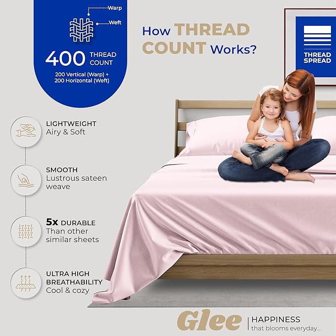 THREAD SPREAD 400 Thread Count California King Cotton Sheets - 4 PC Cal King Size Bed Sheet Set Cotton (Blush), Soft, Cooling, Sateen Weave Hotel-Quality 16" Deep Pocket Bedsheet for Hot Sleepers