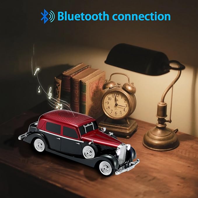 WSTER WS-1934 Retro Classic Car Bluetooth Replica Speaker – Wireless HD Sound with FM Radio,TWS Stereo,LED Party Lights,Built-in Microphone Hands-Free Call, Surprise Portable Gift for Party Use(Red)