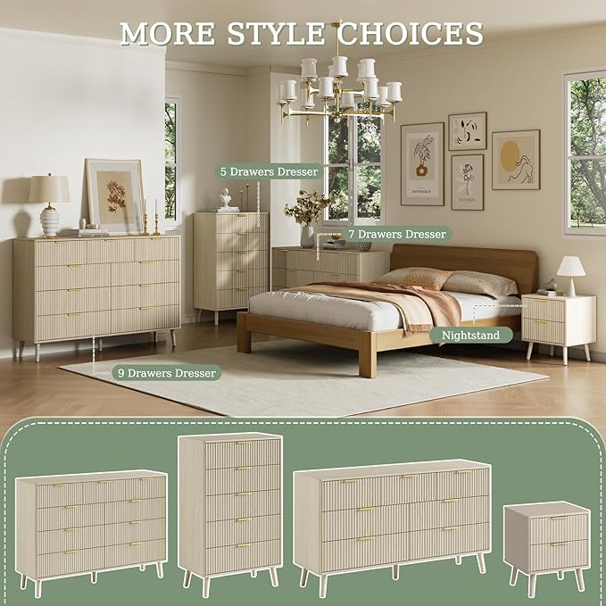LYNSOM Fluted Dresser and Nightstand Sets 3 Piece, 7-Drawers Dresser and 1-Drawer Nightstands Set of 2, Wood Bedroom Furniture Set for Home, Bedroom, Hallway, Beige