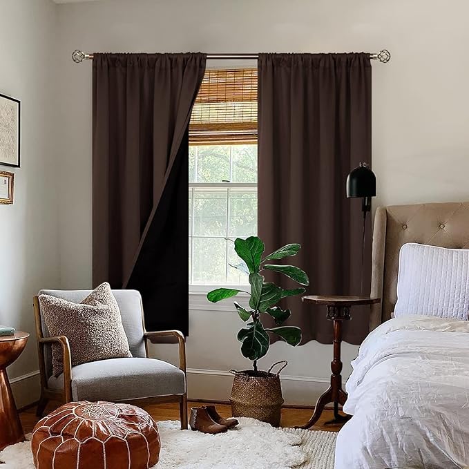 BGment Thermal Insulated 100% Blackout Curtains for Bedroom with Black Liner, Double Layer Full Room Darkening Noise Reducing Rod Pocket Curtain (42 x 63 Inch, Brown, 2 Panels)