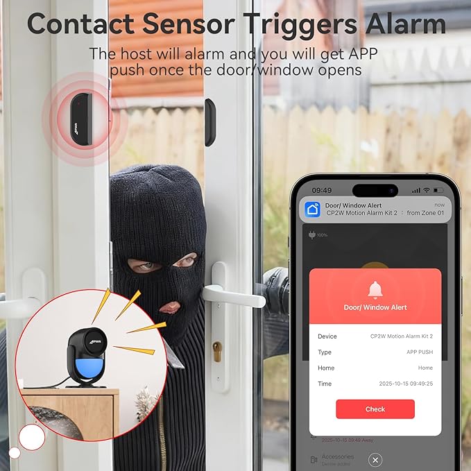 CPVAN WiFi Motion Sensor Alarm, 125dB Wireless DIY Smart PIR Motion Detector with 4 Door/Window Sensors for Home Security System - On Spot Alarm & APP Alert, Black