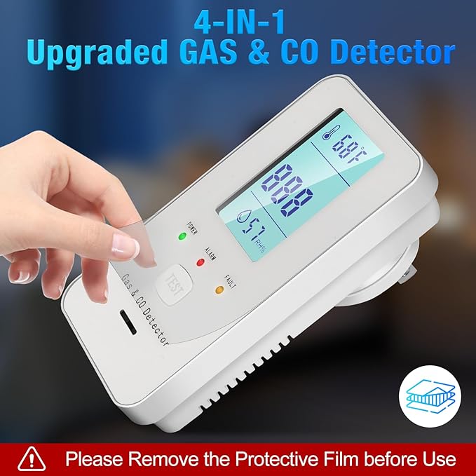 4in1 Combustible Natural Gas & Carbon Monoxide Detector, CO Leak Detector Home Air Quality Monitor with Digital Display for Temperature and Humidity, Kitchen & RV Alarm (Black)