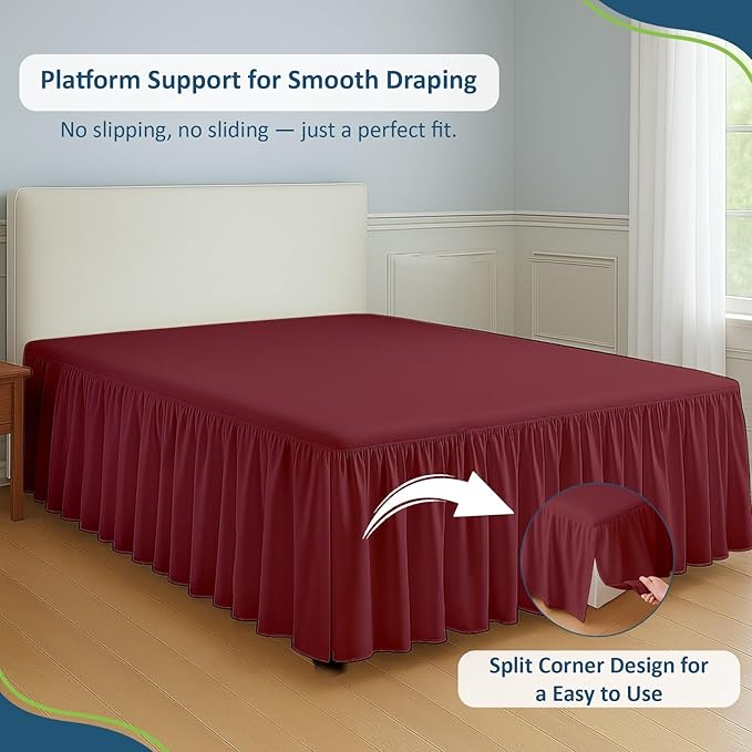 Rajlinen Ruffled Bed Skirt Twin XL, 16 Inch Drop Dust Ruffle with Split Corners, 100% Microfiber Bedskirt with Platform, Three-Sided Coverage Ruffled Gathering Design, Burgundy