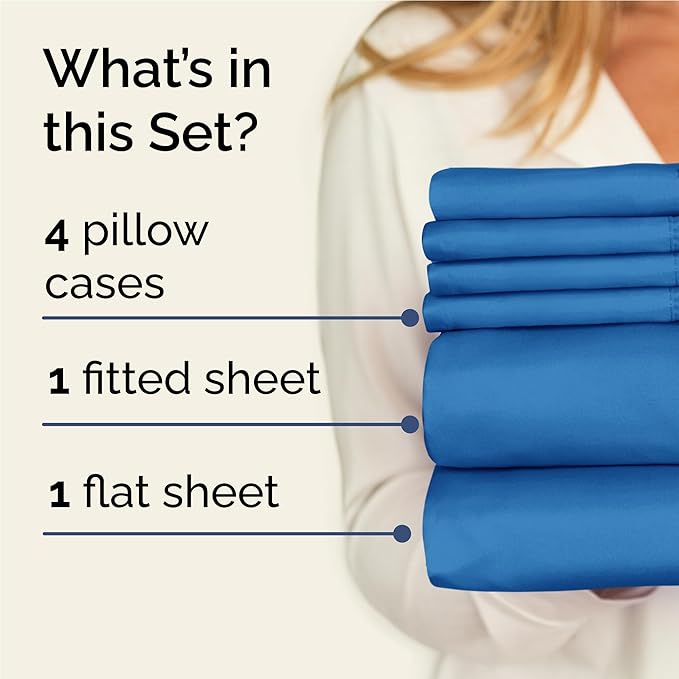 Full 6 Piece Sheet Set - Cooling, Comfy & Breathable - Hotel Luxury Bedding, Includes Fitted Sheet for Women, Men, Kids & Teens - 1 Flat, 1 Fitted Sheet, 4 Pillowcases with Deep Pockets - Royal Blue