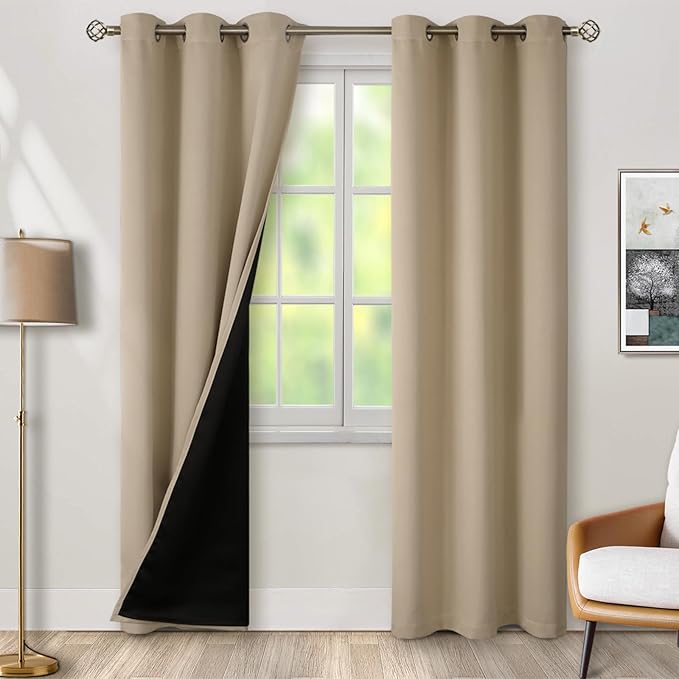 BGment Thermal Insulated 100% Blackout Curtains for Bedroom with Black Liner, Double Layer Full Room Darkening Noise Reducing Grommet Curtain (38 x 84 Inch, Sand, 2 Panels)