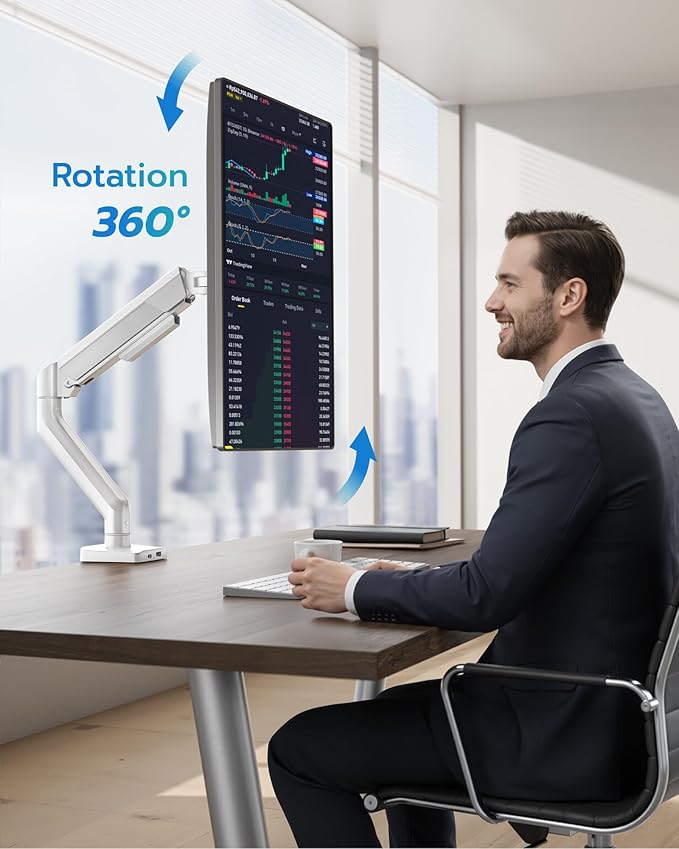 ARES WING Heavy Duty Single Monitor Arm - Fully Adjustable Monitor Mount for 17"-40" Ultrawide Screens Up to 26.4 lbs with Clamp/Grommet Desk Mount and USB A/C, 75/100 Vesa Mount, White