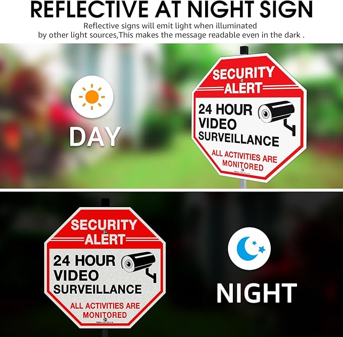 Faittoo Security Sign Video Surveillance Sign with 36" Stake for Outside, 4-Pack 12"x12" Rust Free Heavy Aluminum, Reflective, Fade Resistant, 2 pre-drilled holes, Includes Matching Screws & Wrench,