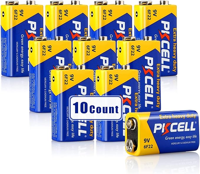 PKCELL 9V Batteries, 10 Pack 9 Volt Batteries Carbon Zinc, 9V Battery for Smoke Detector, Alarms, 6F22 Square Battery