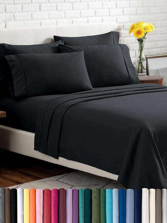 Bare Home Hotel Luxury Split King Sheet Set, Extra Soft - 7 Piece Set - Deep Pockets - Easy Fit - Cooling & Breathable - Wrinkle, Fade, Stain Resistant - Includes 4 Pillowcases (Split King, Black)