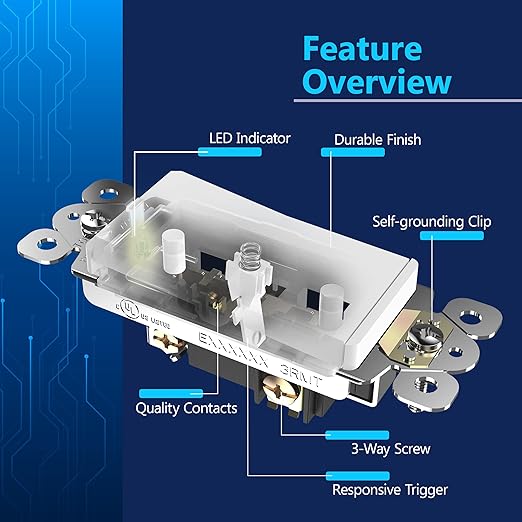 LIDER Minimalist Design Matte Finish Lighted Decorator Switch, Frameless Paddle Light Switch with Locator Light, Grounding Screw, 3-Way or Single Pole, 15A 120V, UL Listed, LS15-3W-W10P, White,10 Pack