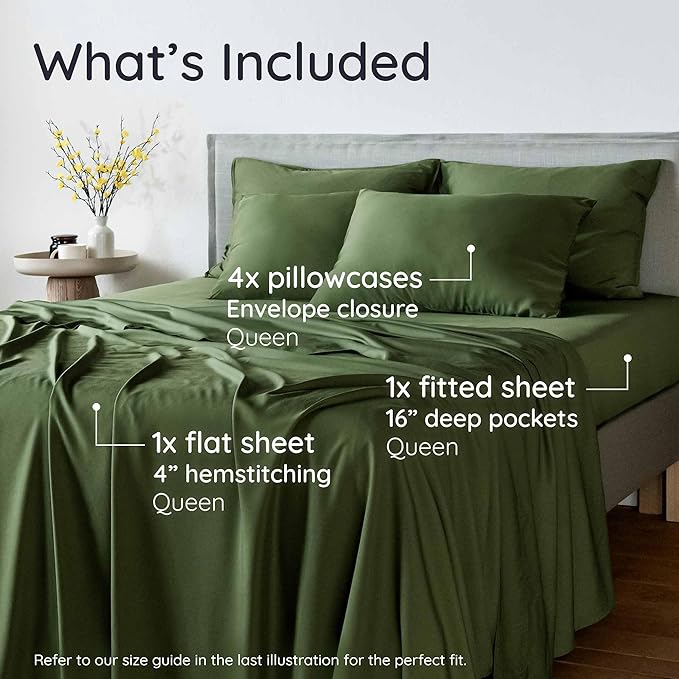 Bambaw 100% Viscose Derived from Bamboo Queen Sheet Set 6 Piece, Queen Size Cooling Sheets for Hot Sleepers, Super Soft Sheets, Deep Pockets Fits Up to 16'' Mattresses (Olive)