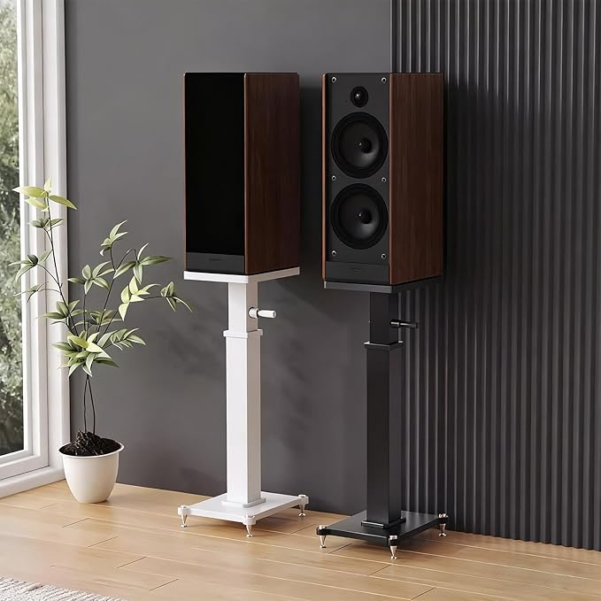 29.5-43.3in Height Adjustable Speaker Stands Pair up to 110lbs, Heavy Duty Bookshelf Speaker Stand Bookshelf Speaker Stand, Holds Bookshelf & Satellite Speaker Large Speaker (White)