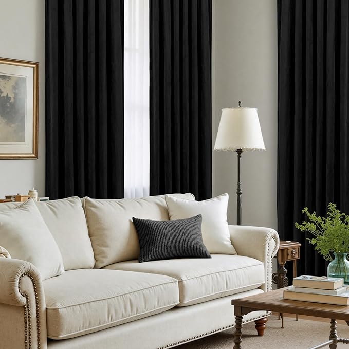 LAMIT Velvet Blackout Curtains for Bedroom 102 Inch Length, Halloween Black Room Darkening Thermal Panels Privacy Protected Back Tab and Rod Pocket Drapes for Living Room, 2 Panels, 52 x 102 Inch