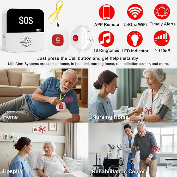 PerfeSafe Wireless Caregiver Pager Life Alert System for Seniors No Monthly Fee, Wi-Fi APP Control Medical Alert Systems for Seniors at Home, Waterproof Call Button for Elderly, Patients, Disabled