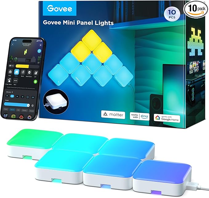 Govee Mini Panel Lights, RGBIC LED Wall Panels, Smart DIY Cube Wall Light, Compatible with Matter, Alexa, Google Assistant, Sync with Music, Hexagon Lights for Home Decor, Gaming Room, Bedroom, 10 Pcs