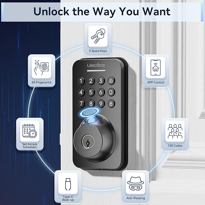 Ulecoce Fingerprint Keypad Deadbolt with Handle Set, Keyless Entry Door Lock, Door Locks for Front Door Lock Set, App Control, Auto Locking, Easy to Install, Matte Black