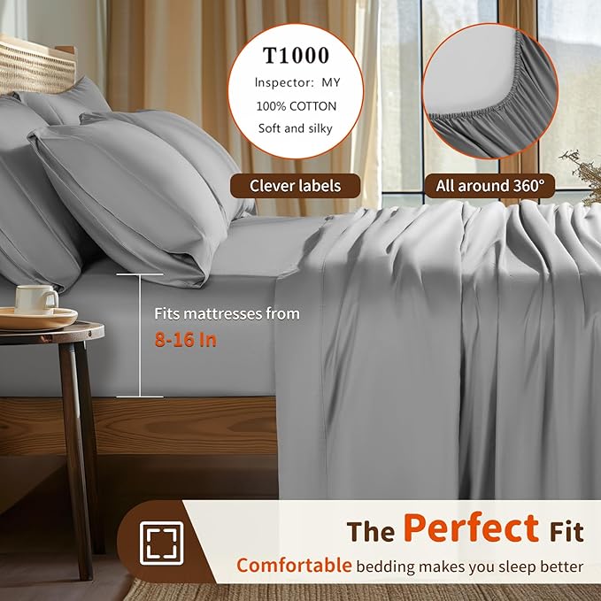 LBRO2M 1000 Thread Count 100% Egyptian Cotton Sheets Set 6 Piece Sets California King Bed Sheet Deep Pocket Sheet Set 16" Soft Comfortable All Season (California King, Gray)
