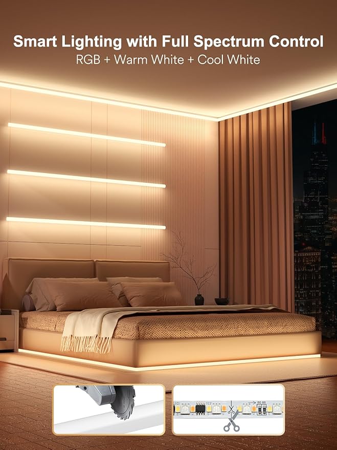 Smart LED Strip Lights with Covers 16.4ft, ‎RGB+WW+CW Strip Light Compatible with Alexa, Cove Lighting with Diffuser Channel, Decor for Under Cabinet, Skirting Lines, Bedroom, Studio