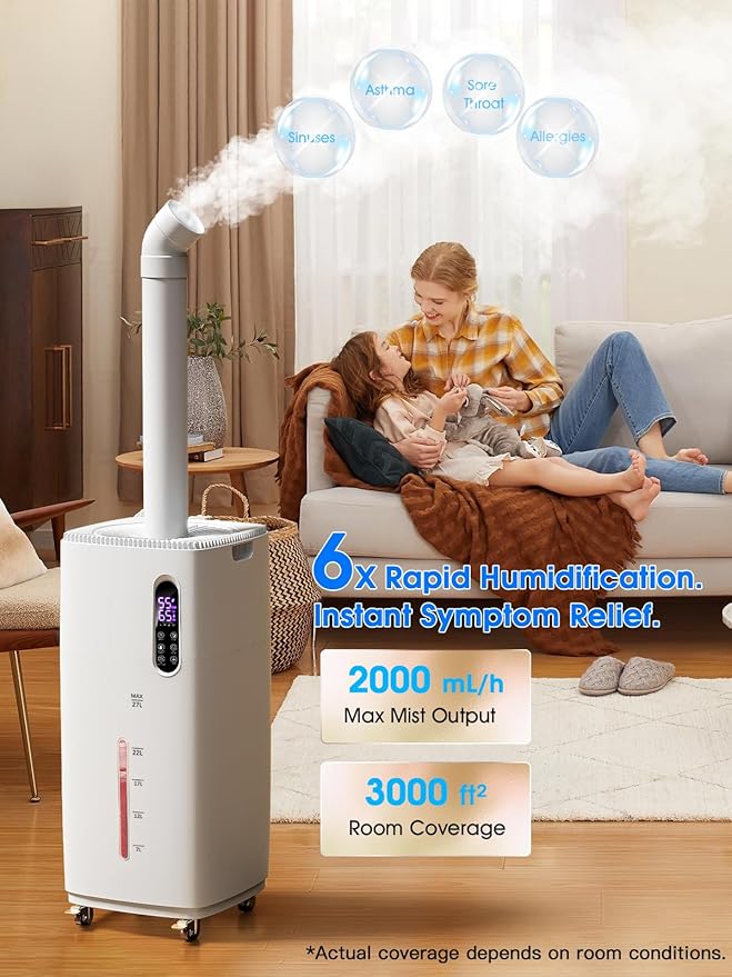 MONISEN 26L/5.7Gal Humidifier Large Room 3000 ft², Supersized Cool Mist, 38H Quiet Humidifiers for Bedroom, 2000mL/h Mist Output, Touch/Remote Control, Humidifiers for Home, Whole House, Plant, White