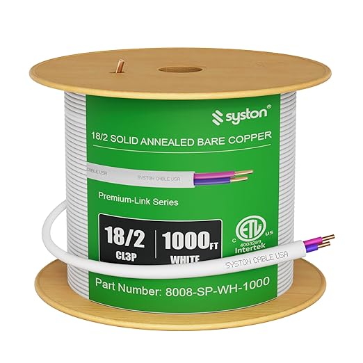 Syston Cable Technology 18/2 LED Lighting Dimmer Dimming Luminaire Control Wire Cable,18 AWG 2 Conductors Solid Bare Copper Unshielded Plenum Rated CMP CL3P FT6, for Ballast Wiring and Connection