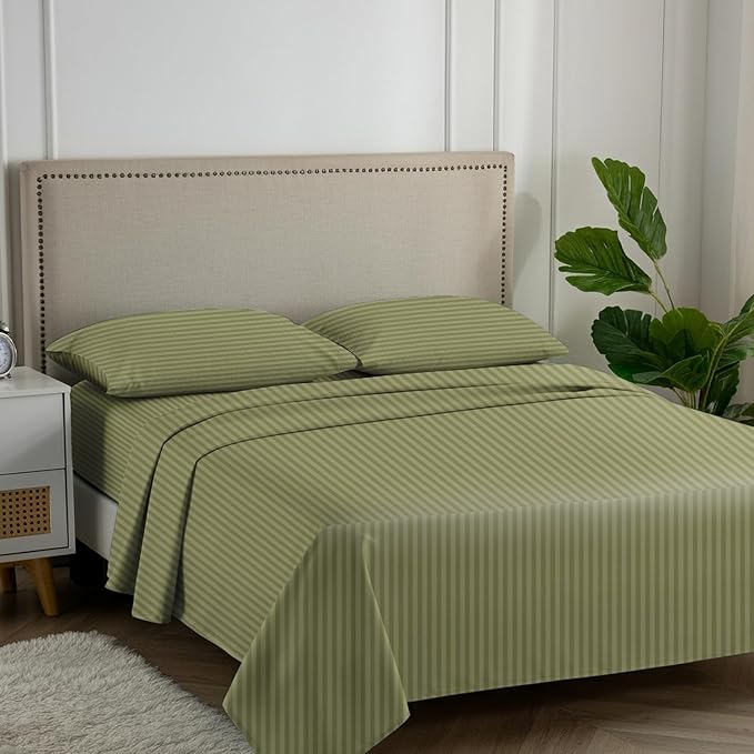 Carressa Linen Luxury Egyptian Cotton Queen Stripe Sheet Set - 600 Thread Count Extra Long Staple 4 PC Set, Herb Garden Queen Damask Sheets, Soft, Cooling Sateen Weave Sheets Upto 18 in Deep Pocket