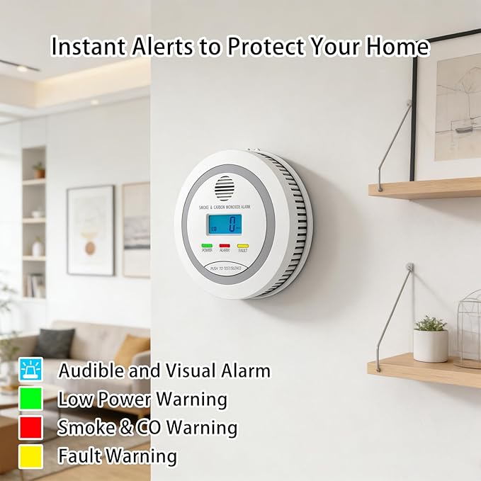 Virtue Sensor Smoke & Carbon Monoxide Detector, 2-in-1 CO Detector Alarm for Home Garage RV with LCD Display Safety Alarm System Audible and Visual Alert (1 Pack with Batteries)