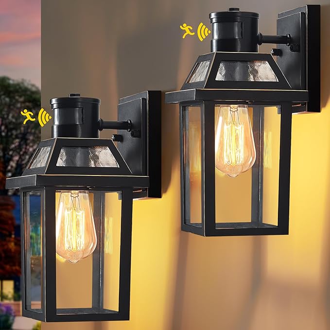 Yisuro Motion Sensor Outdoor Wall Lights, Porch Light Outdoor 3 Lighting Modes, Dusk to Dawn Exterior Light Fixture, Waterproof, Outside Lights for House Front Door Patio Garage 2 Pack (Black)