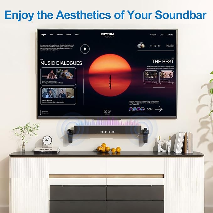 BYMECOST Heavy-Duty Steel Soundbar Mount Under TV with 2 Storage Boxes, Universal 88 Lbs Fit for Large Sound Bars, Sound Bar Wall Mount Bracket Stand Compatible with Samsung/JBL/LG, Complete Hardware