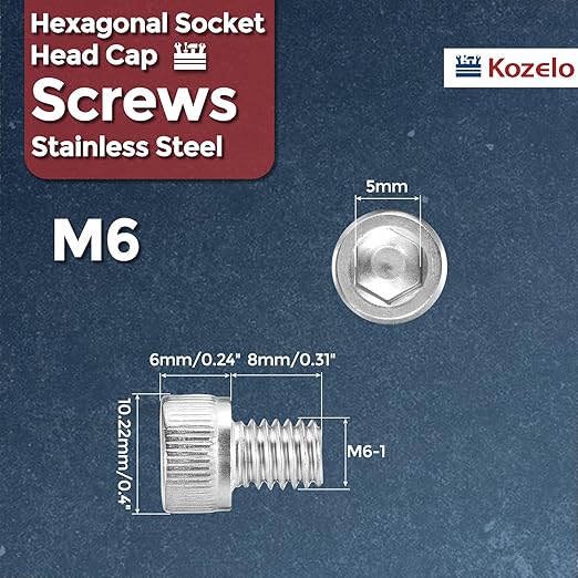 Kozelo 25pcs Socket Head Cap Screws - [M6-1 x 8mm] 304 Stainless Steel Allen Socket Drive for Electrical Motor 3D Printing Fan Engine Replacement Use, Silver
