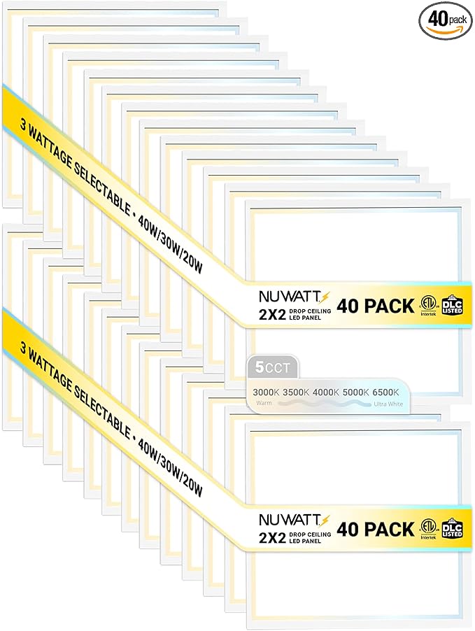 NUWATT 40 Pack 2x2 LED Flat Panel Lighting, Drop Ceiling Light Wattage Selectable 40W/30W/20W, 5CCT 3000K/3500K/4000K/5000K/6500 Suspended Ceiling LED Lights, 4400LM, Dimmable 0-10V, 120-277V, ETL