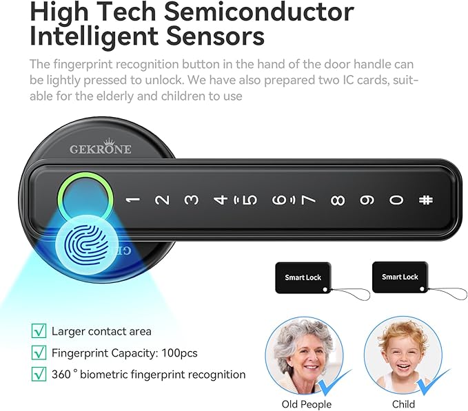 GEKRONE Fingerprint Smart Lever Lock TUYA APP Control Keyless Entry Bluetooth Touchscreen Indoor Handle Biometric Electronic Digital Door Knob with Keypad Suitable for Hotel Office Apartment Bedroom