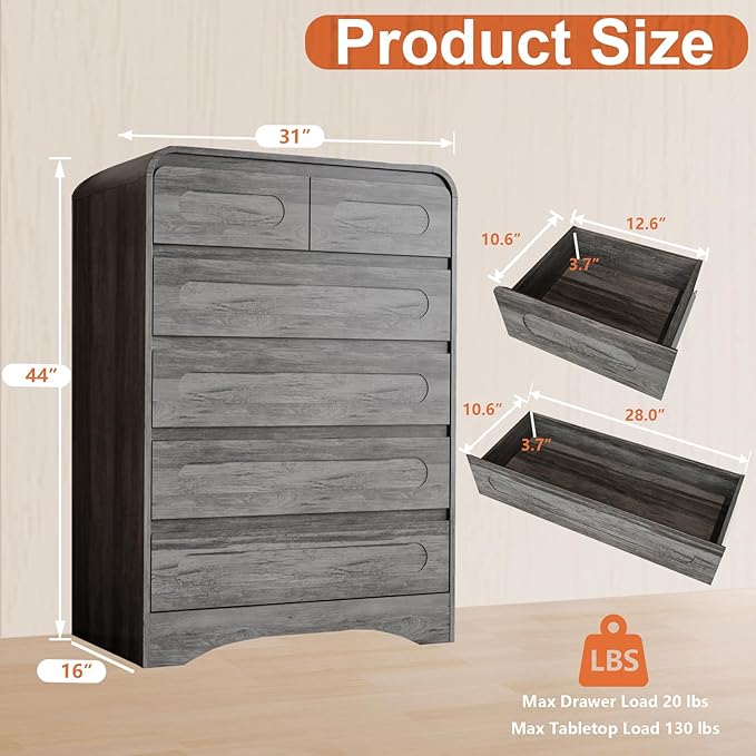 4 Pcs Bedroom Set, Dresser and Nightstand Sets, Modern Wooden Tall 6 Drawer Dressers, Wide 6 Drawers Dresser & Night Stand Set of 2 for Bedroom, Grey
