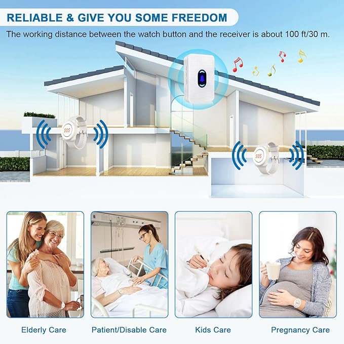 Daytech Wireless Caregiver Pager Call Button Elderly Nurse Alert System for Elderly Monitoring/Seniors with 2 SOS Call Panic Buttons & 2 Watch Pagers, 500+Feet 3 Receivers