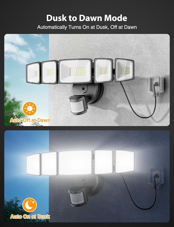 Onforu 5000LM Motion Sensor Outdoor Lights Plug in, 5 Head Motion Sensor Flood Light Outdoor with Remote, Dusk to Dawn Outdoor Lighting, IP65 Waterproof Motion Detector Lights for Outside, Black