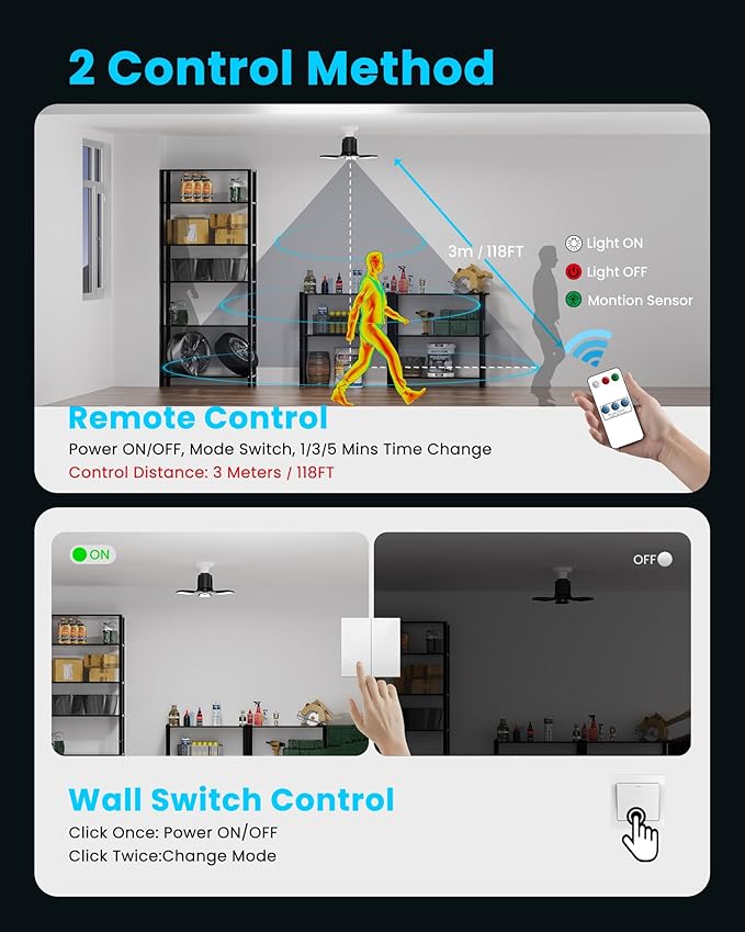 Kryoza 4-Pack Garage Lights with Motion Sensor, 8000LM Motion Sensor Light Indoor with 3 Deformable Design and Auto-Off, E26 Screw-in 6500K Motion Activated Bulbs for Ceiling/Basement