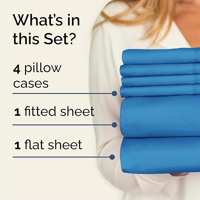 Queen 6 Piece Sheet Set - Cooling, Comfy & Breathable - Hotel Luxury Bedding, Includes Fitted Sheet for Women, Men, Kids & Teens - 1 Flat, 1 Fitted Sheet, 4 Pillowcases with Deep Pockets - Denim Blue