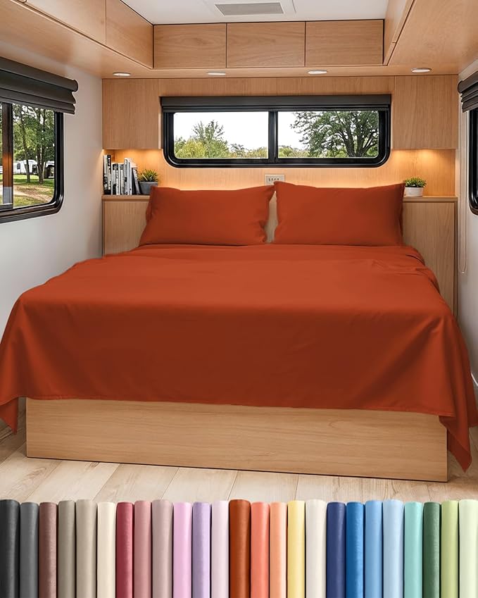 RV Short Queen Sheet Set 60 X 75 - 4 Piece RV Short Queen Bed Sheets - Soft, Breathable & Cooling - Designed for Bunks, Trailers & Campers - Fits 8” to 12" Mattress - Hotel Luxury Bedding - Terracotta