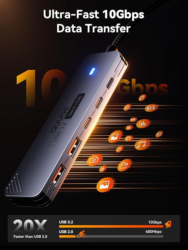 USB C Hub 10Gbps, QUUGE 5-in-1 USB Splitter with 2 USB-A & 2 USB-C 3.2 and PD 100W, Fast Transfer Aluminum Type-C Multiport Adapter with 100cm Nylon Cable for MacBook Air/Pro, iPad, Surface Pro, XPS