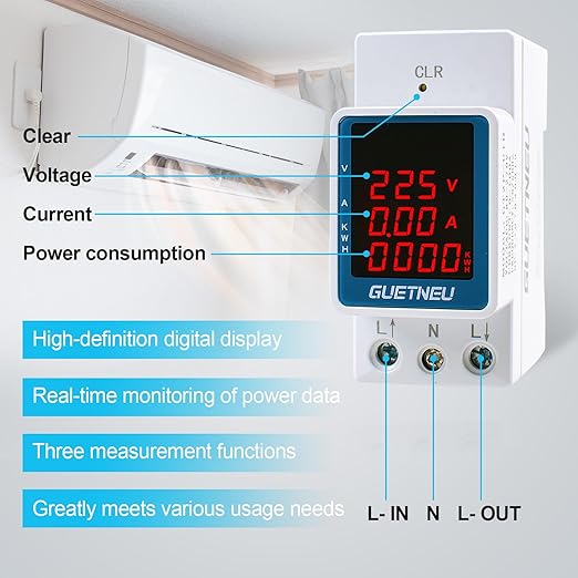 GUETNEU Digital Display Energy Meter Energy Tester Electricity Usage Monitor AC Rail-Mounted Meter GT2P-UID, AC 80~270V, 0~100A, 50/60Hz. Used to Measure AC Voltage, Current and Energy Consumption