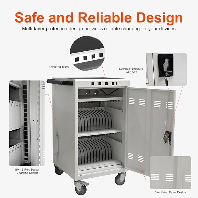 Aokleo Laptop Charging Cart,35 Devices Tablet Storage Carts for pad Up to 16.3" Screen Size, Classroom Computer Mobile Charging Station for Pads, Chromebooks,Laptops, Security Storage(31+4 Bay-White)