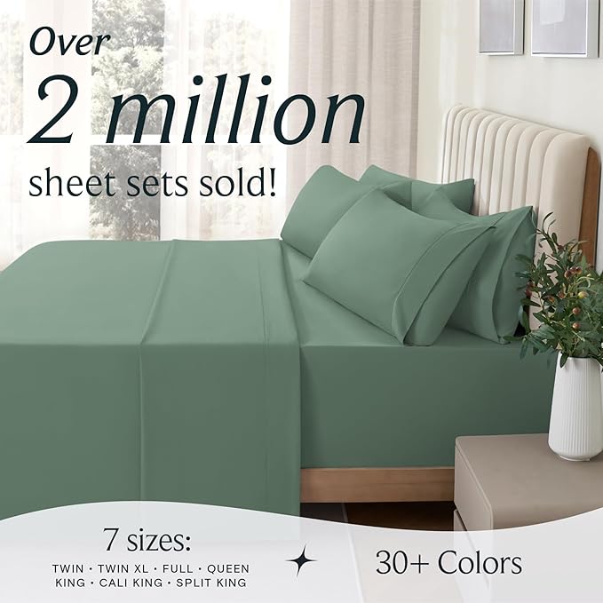 LuxClub 5 PC Split King Sheet Set, Deep Pockets Wrinkle Free Cooling Bed Sheets Hotel Bedding for Women, Men, Includes 2 Fitted Sheet, 1 Flat Sheet and 2 PillowcasesSoft Tree Moss Green