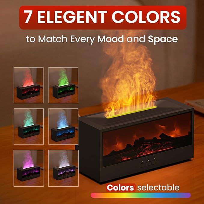 Fireplace Flame Diffuser Air Humidifier, Essential Oil Diffuser with 7 Colors Light & Timer, Auto-off Ultrasonic Cool Mist Aroma Humidifier for Home, Bedroom, Office, Yoga(White)