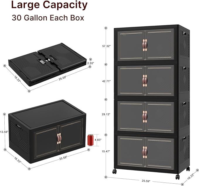 960Qt Stackable Storage Bins with Lids, 8 Pack Large Collapsible Bins with Wheels, Plastic Cabinet with Doors, Foldable Closet Organizers and Storage for Home, Dorm, Office, Black