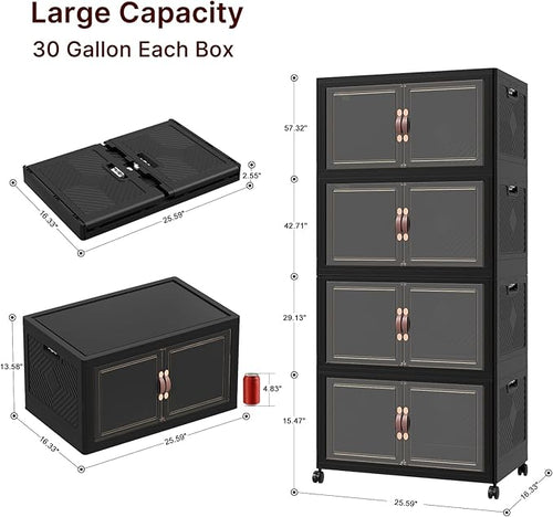 960Qt Stackable Storage Bins with Lids, 8 Pack Large Collapsible Bins with Wheels, Plastic Cabinet with Doors, Foldable Closet Organizers and Storage for Home, Dorm, Office, Black