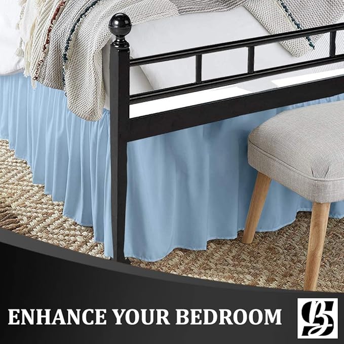 SKY BEDDINGS - Queen Size Ruffled Bed Skirt with Split Corners - 12 Inch Drop Dust Ruffle Bed Skirt with Platform Three Sided Coverage - 100% Microfiber, Light Blue
