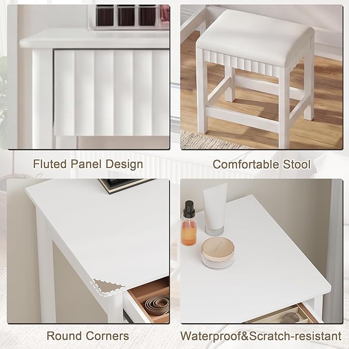 ChooChoo 47.2 Inch Modern Desk with Drawers, Makeup Vanity Desk with Padded Stool, Writing Computer Desk for Home Office & Bedroom, White