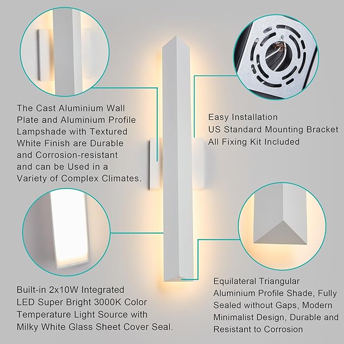 Tarentlight 21.9IN LED Outdoor Aluminum Wall Lights,20W Dimmable, IP65 Waterproof, Modern Textured White Indoor & Exterior Lighting Fixtures, Long Exterior Wall Lights for Garage, Front Door
