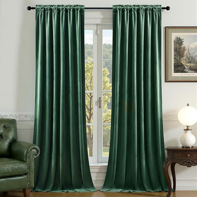 Velvet Curtains 108 Inches Long for Bedroom, Luxury Room Darkening Thermal Insulated Blackout Curtains Luxury Window Drapes for Living Room, Back Tab Rod Pocket, Dark Green, W52 x L108, 2 Panels