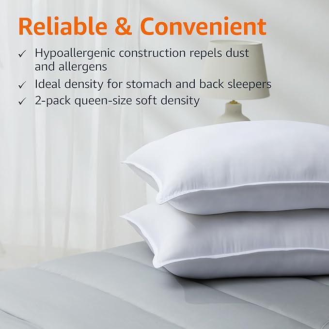 Amazon Basics Down Alternative Pillows, Soft Density for Stomach and Back Sleepers, Queen - Pack of 2, White, 30 in L x 20 in W