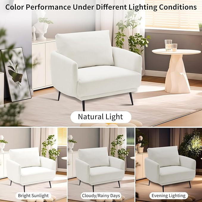 Oversized Accent Chair for Living Room Cozy Reading Chairs Mid-Century Modern Accent Chairs Armchair with Metal Legs Single Sofa Chair for Home Office (Set-of-2, Polyester Fabric- Pearly White)